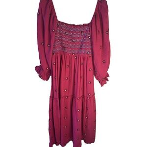 Pink Lily Women XL Smocked Cotton Milkmaid Maxi Prairie Tiered Pink Dress Boho